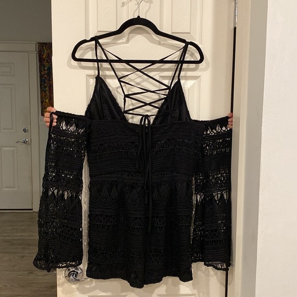 Long-sleeve off shoulder, Black Crochet Romper with tie straps down the back - Picture 2 of 11